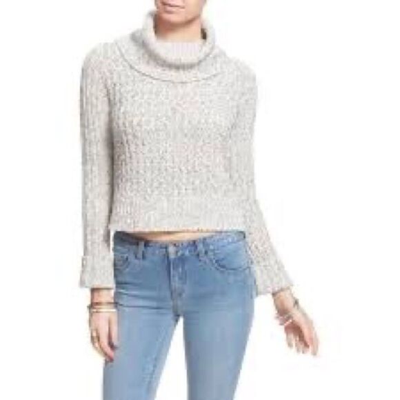 Free People Marled Ivory Combo Twisted Cable Cropped TNeck Sweater OB465415 L - Picture 14 of 16